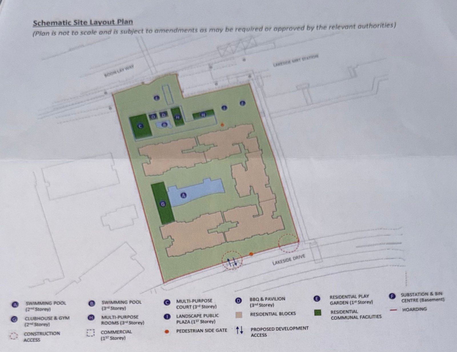 Lucerne Grand schematic site layout plan showing swimming pools, clubhouse, gym, BBQ pavilion and residential blocks at Lakeside Drive Singapore